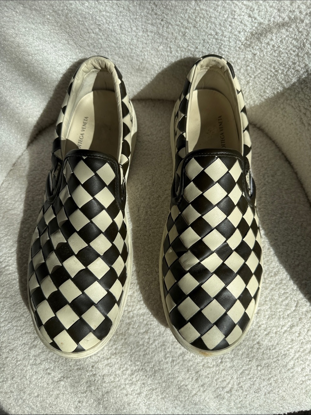 Bottega Veneta Black and White Intrecciato Slip-On Loafers